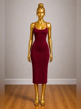 Primi Burgundy Midi Bodycon Dress M Sleeveless Back Strap Detail Scoop Neck
